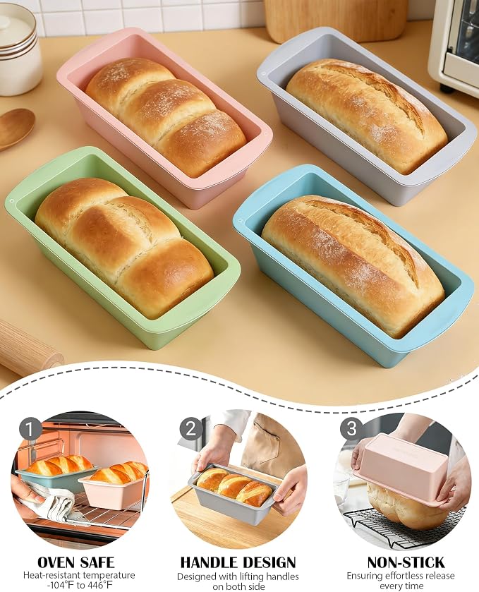 Mini Silicone Bread Loaf Pan, 4 Pcs, Non-Stick Baking Molds for Bread, Cake, Meatloaf, 7.5" L x 3.7" W x 2.1" H, Flexible Silicone Baking Molds for Bread, Cake, Meatloaf