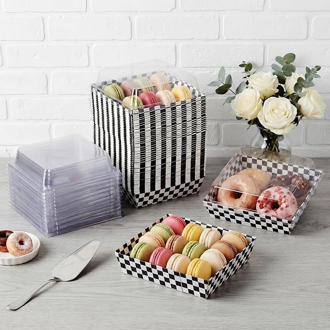 Potchen 50 Pack Checkerboard Charcuterie Boxes with Clear Lids – Classic Black ＆ White Plaid Design Boxes with Window for Cookies, Candy, and Mini Cakes – Ideal for Gift Giving & Bakery Packaging