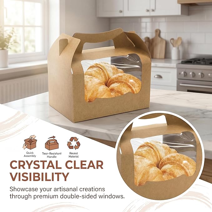 50 Pack Large Gable Box with Window, 9"x6"x6" Kraft Paper Party Favor Treat Box, Goodie Gift Boxes with Handle, Lunch Togo Boxes for Christmas Birthday Wedding Picnic Bakery Catering