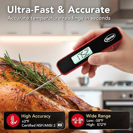 Sterno Digital Meat Thermometer for Cooking - Instant Read Food Thermometer with Motion Activated Auto-Wake, IPX5 Waterproof, Backlit Auto-Rotating Display & Internal Magnet for Grill, BBQ, Air Fryer
