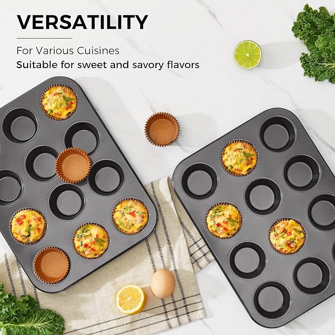 HONGBAKE Muffin Pans with 120 Natural Parchment Liners, Nonstick Cupcake Baking Tray for Oven, Premium Standard Size, 12 Cup, 2 Pack, Dark Grey