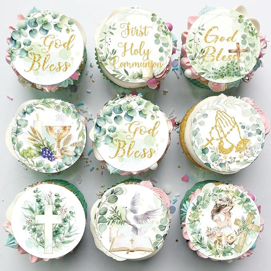 64 PCS Edible God Bless Cupcake Toppers First Holy Communion Cupcake Picks Edible Greenery Leaves Dove Cross God Bless and Baptism Cake Decorations for Baby Shower Girls Birthday Party Supplies
