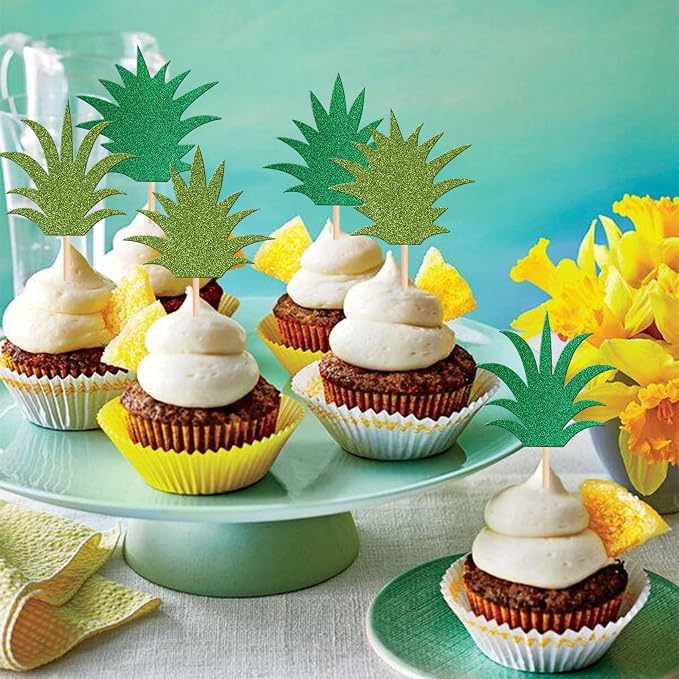 36 PCS Pineapple Cupcake Toppers Mixed Green Glitter Donut Pineapple Leaf Cupcake Picks Hawaiian Luau Cake Decorations for Pineapple Theme Summer Tropical Baby shower Kids Birthday Party Supplies