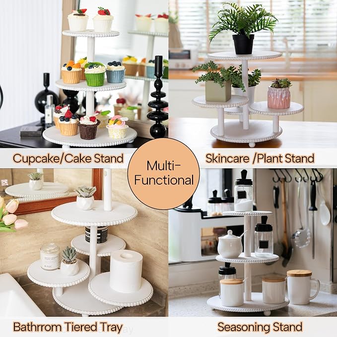 GENMOUS 2PCS 3 Tier and 4 Tier Beaded Cupcake Stand Set for Birthday Party Decor,Rustic Wooden Cupcake Tower Stands for 74 Cupcakes,White Cupcake Tiered Stand Display for Wedding Baby Shower Tea Party