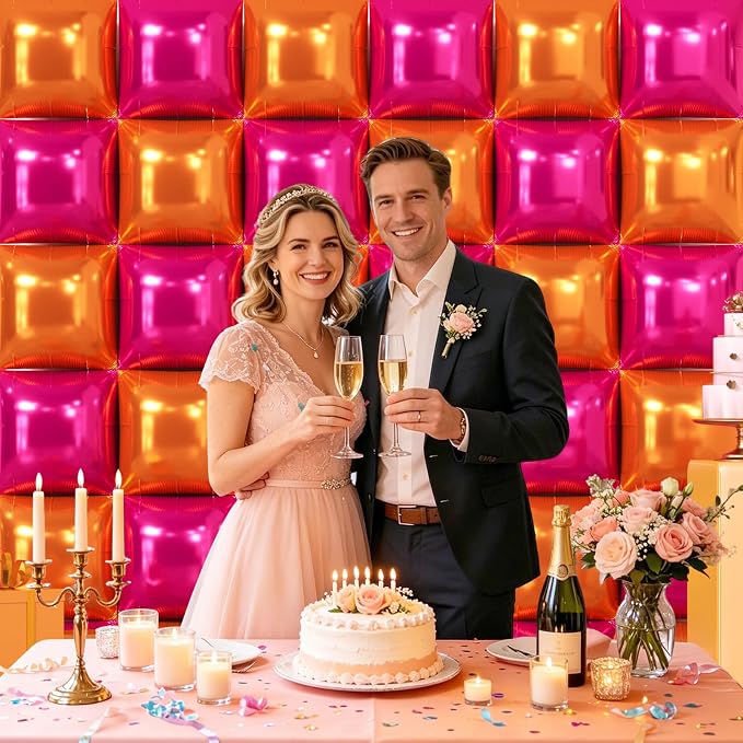 NISOCY 36PCS Rose Red and Orange Square Foil Balloons Wall Backdrop Double Sided Rose Red Orange Balloon Arch Kit for Birthday Baby Shower Valentine's Day Wedding Tropical Party Decorations