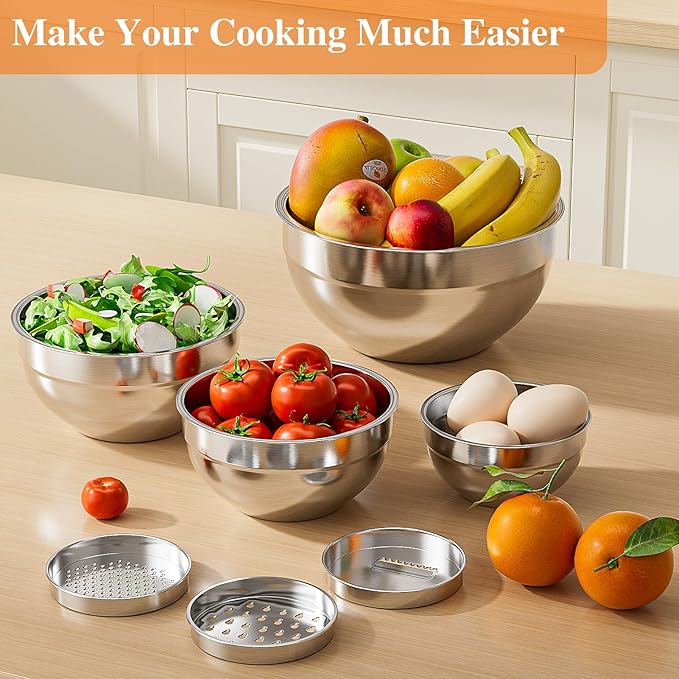 Mixing Bowls with Lids Set, 6 PCS Stainless Steel Mixing Bowls with 3 Grater Attachments, Kitchen Food Storage Organizers Nesting Mixing Bowl, Large Size 4.5, 3.5, 2.1, 1.5, 1.1, 0.7QT-Black