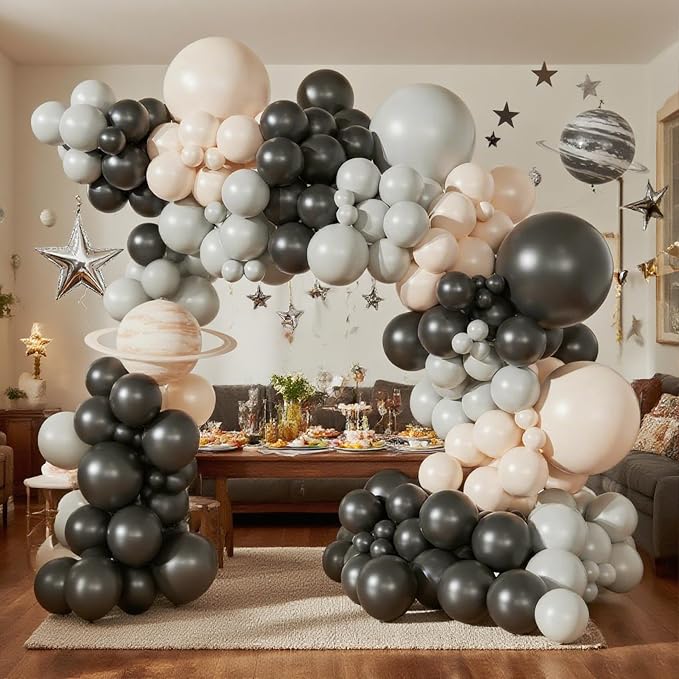 Space Balloons Garland Arch Kit,154pcs Black Gray and Cream Latex Balloons for Birthday Party Baby Shower Wedding Bridal Shower Graduation Outer Space Party Decorations