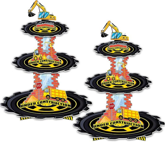 2 Pack Construction Birthday Decorations Party Supplies Favors: 3 Tier Building and Construction Vehicles Theme Cup Cake Stand with Topper, Waterproof Cardboard Cupcake Stand, High Stability