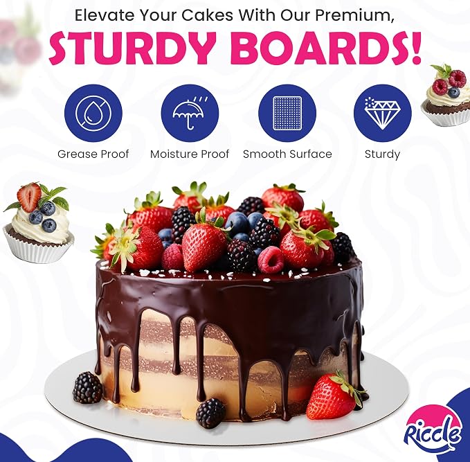 Riccle Cake Boards 12 Inch Round Pack of 50- Smooth Edged 12" Board, Disposable - Sturdy - White Cardboard Circles -Food Grade (12 Inch)