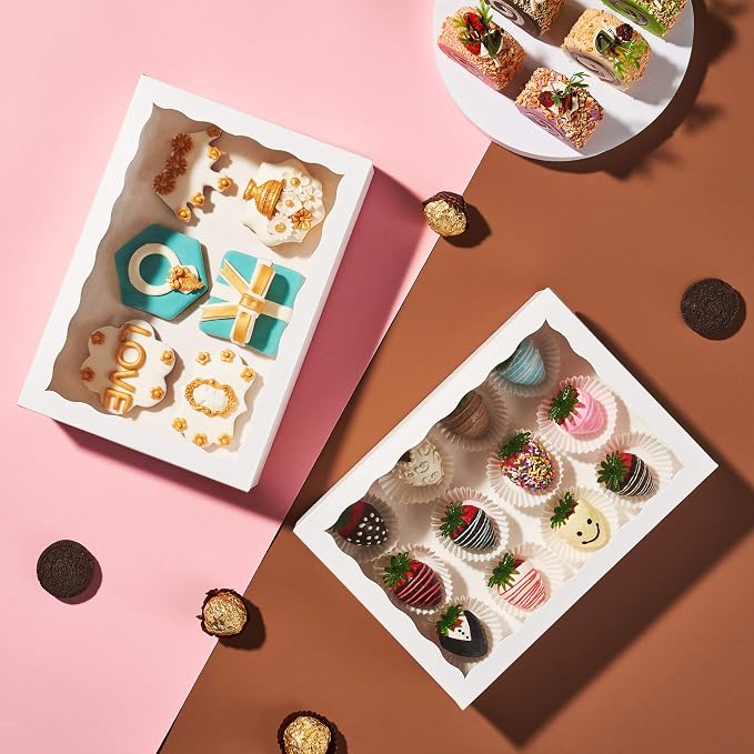 50PCS 10x7x2.5Inches White Strawberry Boxes with Display Window, Sweet Treat Boxes for Chocolate Covered Strawberries, Cookies, Donuts, Macarons, Muffins, Perfect for Any Celebration