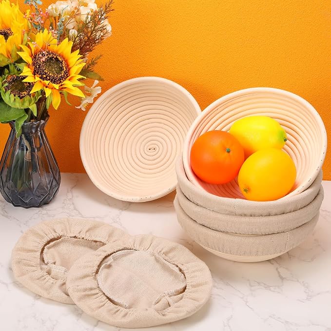 Patelai 10 Pieces Banneton Bread Proofing Basket Round Sourdough Proofing Basket Banneton Baskets Dough Bowl with Liners and Scrapers for Home Making Bread Bakers Baking (8 Inch)