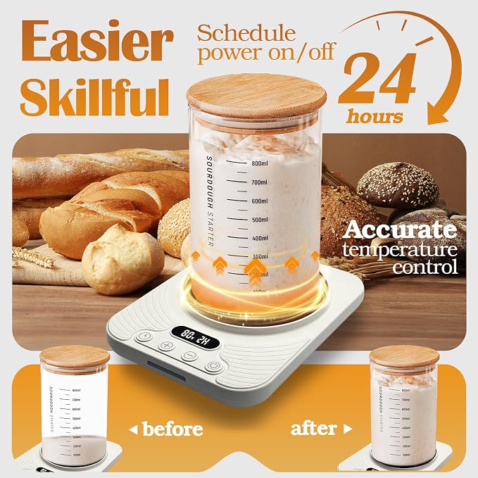 Sourdough Starter Warmer Mat,Temperature Control Range 70°F-110°F, Accurate to 1°F, with Timer Switch Function(0-24 hours),Smart Memory,Powered by USB,Ideal for Home Baking. (White)