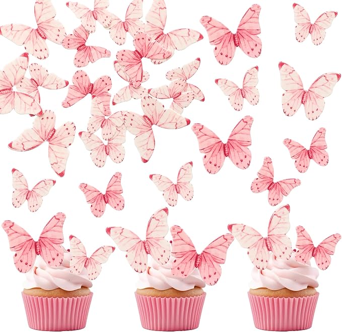 Ephlyn 40Pcs Edible Butterfly Cupcake Toppers 3D Butterfly Cake Picks Mixed Color Cake Decorations for Baby Shower Wedding Kids Birthday Party Supplies Pink