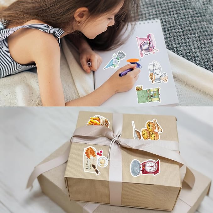 50 Pcs Bakery Stickers for Scrapbooking, Waterproof Vinyl Kitchen Tools Stickers for Laptops Water Bottles Journals, Cute Cooking Food Decals for Adults Teens Girls