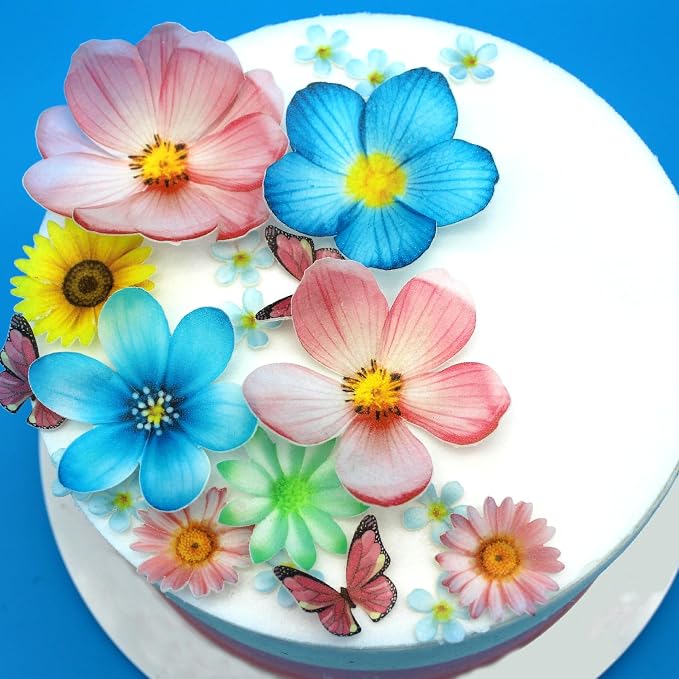 Set of 55 Edible Flowers & Butterflies Cupcake Toppers Wedding Cake Party Food Decoration Mixed Size & Colour for Anniversary (Flower Butterfly)