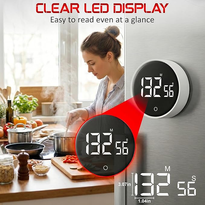 Digital Kitchen Timer, Magnetic Countdown Pomodoro Timer, Large LED Display, Rotary Twist Dial, Non Slip, Back Stand, Ideal for Cooking, Classroom, Study, ADHD, Productivity