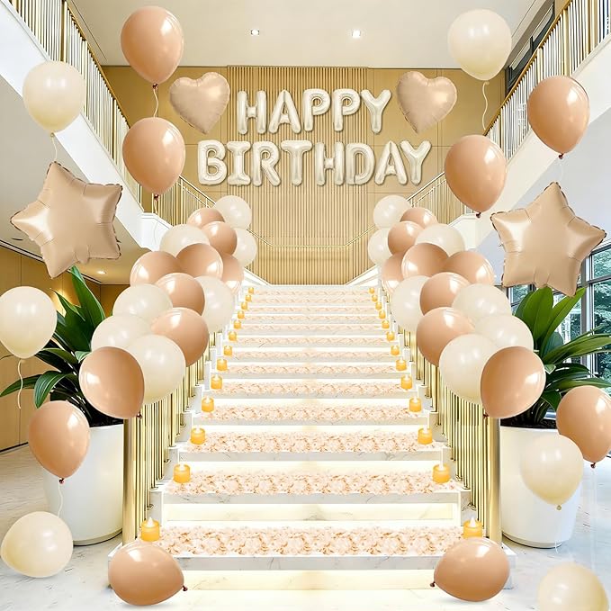 Neutral Happy Birthday Balloons Decorations Beige Cream Neutral Birthday Balloon Letters Banner with Star Heart Balloons 1000 Artificial Rose Petals 24 Flameless LED Candles for Birthday Party Supply