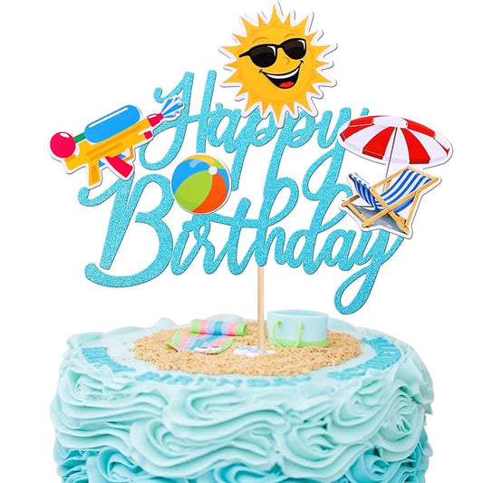 1 PCS Summer Beach Happy Birthday Cake Topper Glitter Ball Sun Umbrella Water Gun Pool Cake Pick for Hawaiian Holiday Baby Shower Birthday Party Cake Decorations Supplies Blue