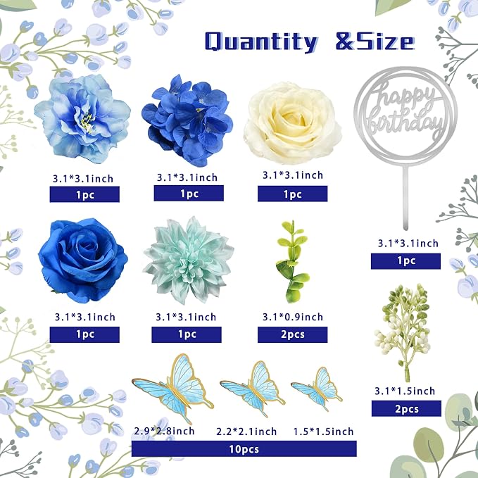 19 PCS Flower Cake Toppers Butterfly Cake Decorations Happy Birthday Cake Toppers with Artificial Blue Rose Flowers Eucalyptus Butterflies for Girls Birthday Party Wedding Baby Shower Supplies (Blue)