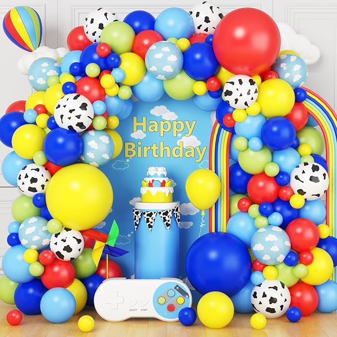 Rainbow Balloons Arch Kit, 108 Pcs Red Yellow Blue Balloon Garland with Cloud Cow Printed Latex Balloons Helium for Kids Boy Baby Shower Birthday Theme Party Decoration