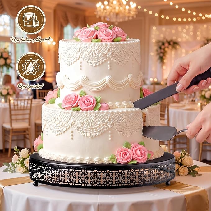 Wenqik Black Cake Stand 18 Inch Metal Round Cupcake Dessert Wedding Cake Stand with Cutting & Spatula Cookies Display Holder Fruit Serving Tray for Table Wedding Birthday Anniversary Party