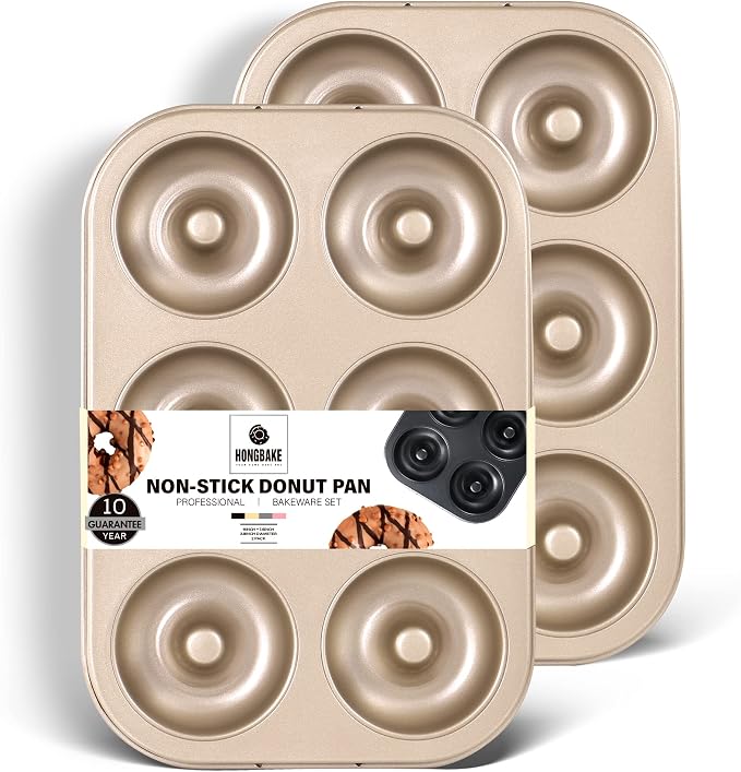 HONGBAKE Donut Pan for Baking, 2-Pack Nonstick Doughnut Pans, 6-Cavity Deep Donut Mold for Fuller Baked Cake Donuts, Heavy-Duty Carbon Steel, Oven Safe to 450°F - Bronze Gold