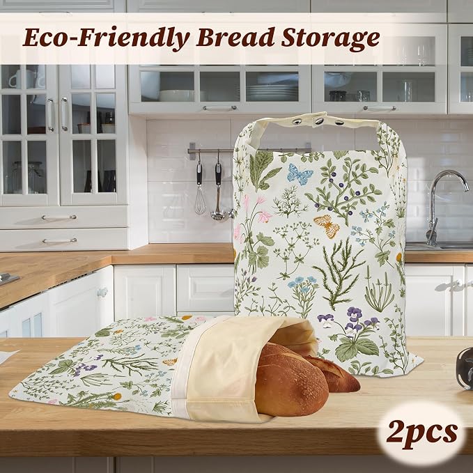 Beeswax Bread Bags, 2 Pack for Homemade Bread and Sourdough Storage | Herbs Wild Flowers Vintage Botanical, Reusable Polyester Bread Storage With Beeswax Coating And Snap Closures
