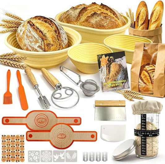Sourdough Starter Kit, Collapsible Silicone Banneton Basket Set, Round & Oval Bread Proofing Bowl, BPA Free Food Grade Baking Supplies, Non-Stick Oven Dishwasher Safe Tools for Beginner Bakers