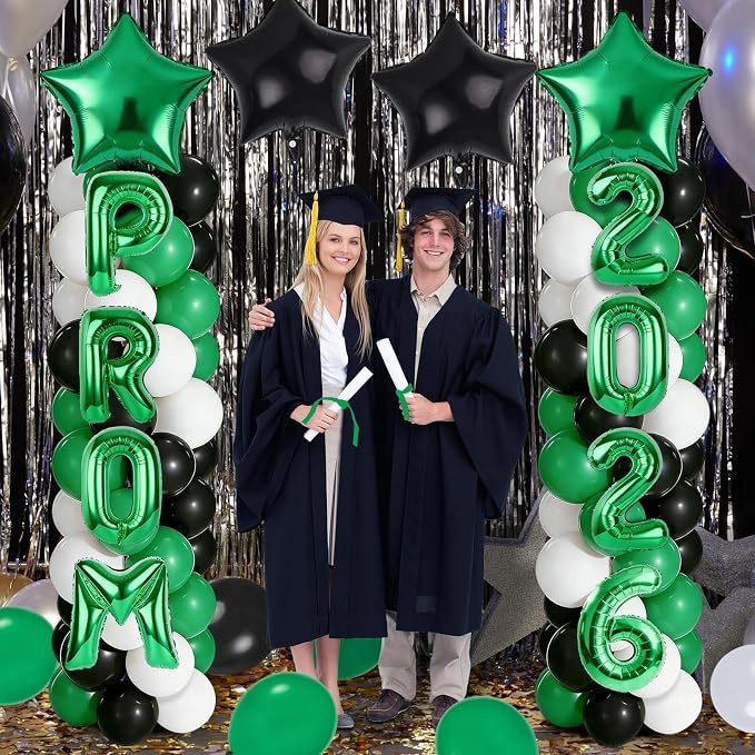 2 Sets 2026 Prom Dance Party Balloon Column Stand Kits Black Green White Latex Balloons 2026 Letters 6.5 Ft Adjustable Metal Tube Telescopic Tower Pillar with Base for Prom Dance Party Decoration
