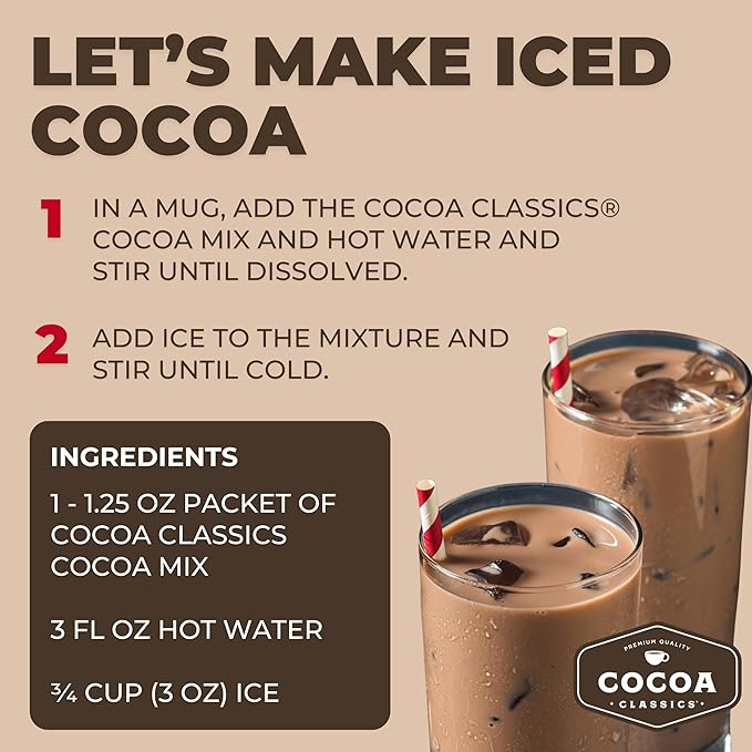 Cocoa Classics Chocolate Supreme Cocoa Mix, Hot or Iced, 1.25oz, 36 Pack | Chocolate Supreme cocoa mix with rich, bold chocolate flavor; just add water for creamy hot or iced cocoa with smooth taste