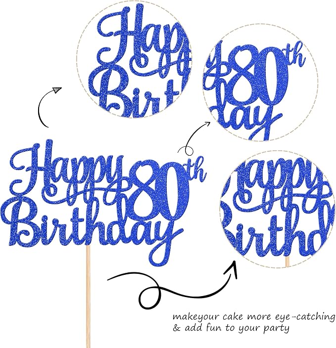 1 PCS Happy 80th Birthday Cake Topper Glitter Cheers to 80 Years Birthday Cake Pick Eighty 80 Fabulous Cake Decoration for Happy 80th Birthday Theme Party Decorations Supplies Blue