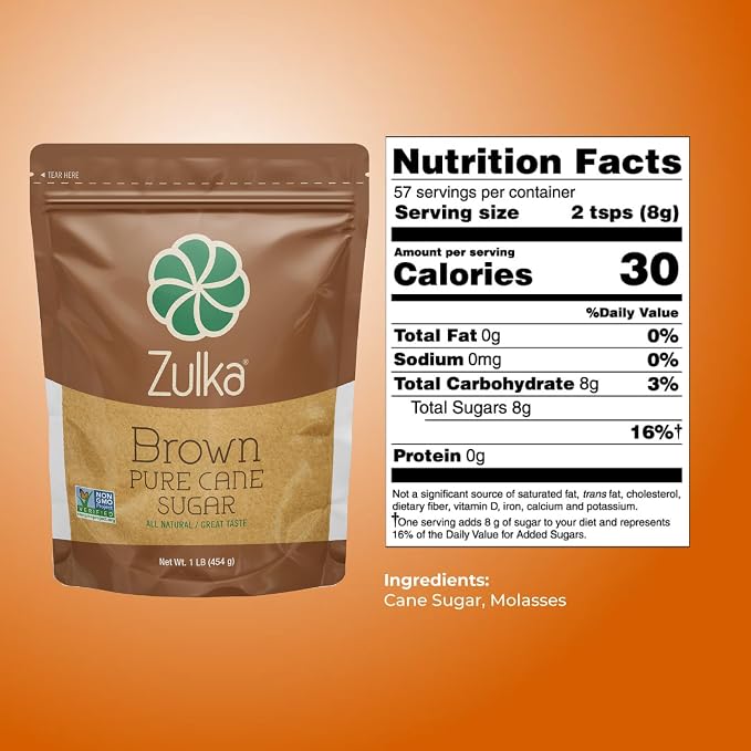 Zulka Brown Pure Cane Sugar, 1 Lb - All-Natural, Non-GMO, Certified Vegan, Bone-Char Free & Kosher Pareve