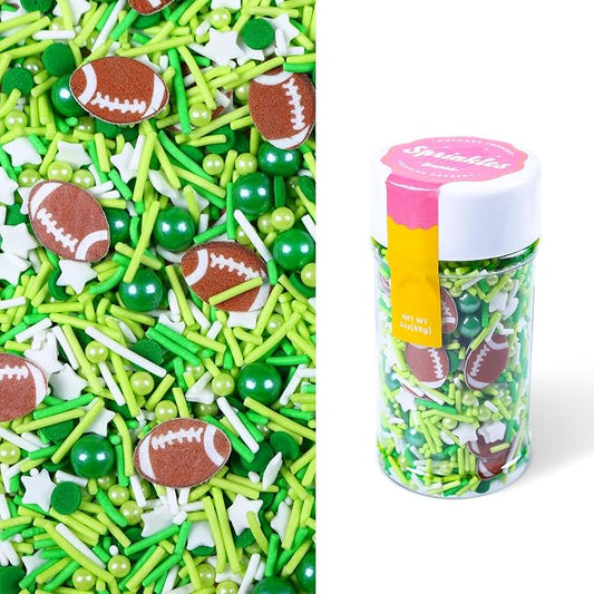 Football Sprinkles for Edible Cake Decorating, Green Sprinkles Mix with Football Edible Rice Paper, 3oz balls Sports Themed Sprinkle for Baking, Cupcakes, Ice Cream, Cookie, Chocolate Decorating