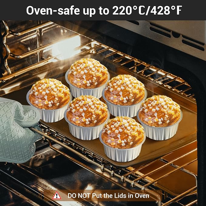 EUSOAR Foil Ramekins with Lids, 5oz 100pcs Silver Aluminum Cupcake Liners Oven Safe, Disposable Muffin Baking Cups Creme Brulee Pudding Holders Cases Boxes Pans for Wedding Birthday