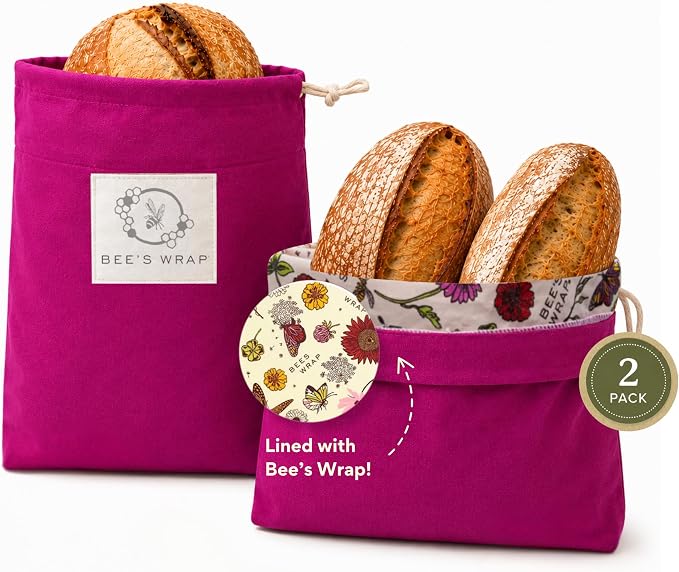 Bee’s Wrap Beeswax Bread Bag - 2 Meadow Magic Reusable Beeswax-Lined Bread Storage Bags - Breathable & Sustainable Homemade Bread Saver - Plastic Free Eco-Friendly Alternative