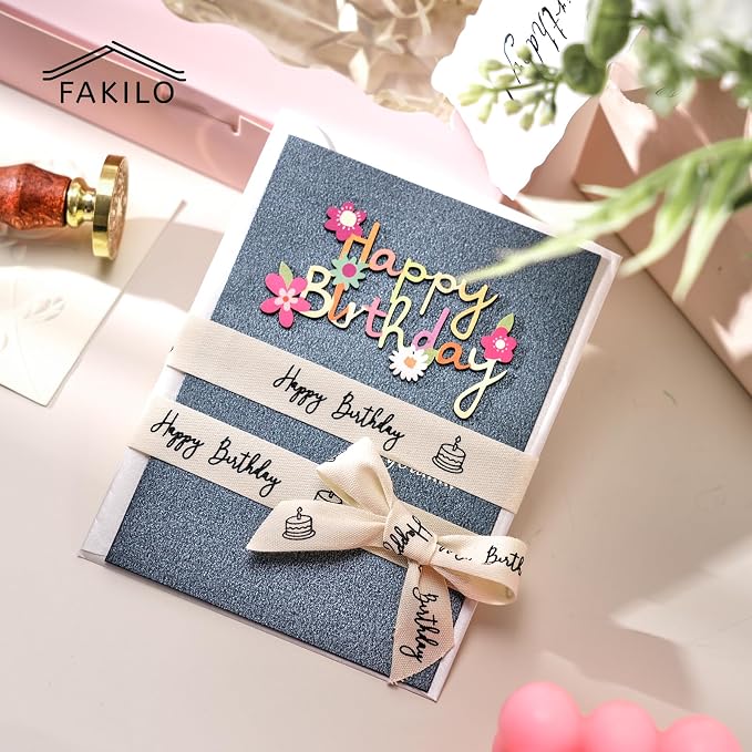 Happy Birthday Printed Ribbon 5/8 Inch x 10 Yards Cotton Ribbon for Gift Packaging, Party Decorations, Anniversary Decoration, Handmade Cards
