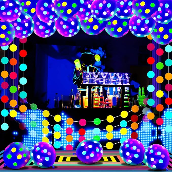 Skylety 32 Pcs Glow in The Dark Party Supplies Neon Party Favors with 25 Fluorescent Balloon 6 Rolls 98.4 ft UV Blacklight Luminous Tape 14.4 ft Neon Streamer Garland for Adults(Clear Big Dot)