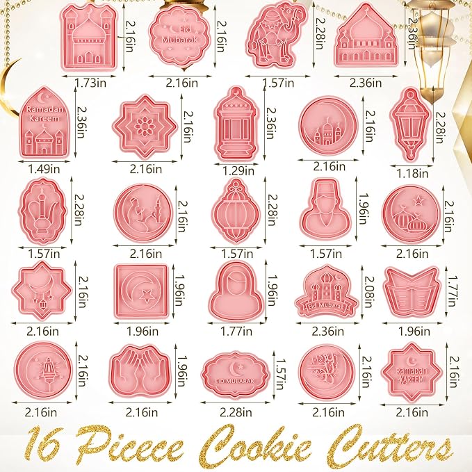 Roshtia 24 Pcs Eid Mubarak Cookie Cutter Ramadan Mubarak Plastic Cookie Stamps Eid Prayers Moon Mould Press Castle Cream Light Plastic Biscuit Cutters Embossing Mold for Baking Fondant Supplies
