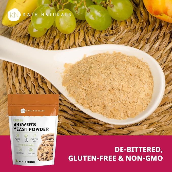 Kate Naturals Brewers Yeast Powder for Lactation Support & Nursing Moms. Debittered Brewer's Yeast for Lactation Cookies (12oz, Gluten Free, Non-GMO)