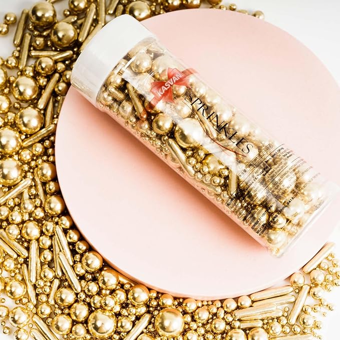 Kasvan Gold Pearl Sugar Sprinkles - Edible Candy Pearls 130g/4.58 Oz, Mix Size, Baking Cake Decorations, Ice Cream Toppings and Cookie Decorating, Wedding Party Chirstmas Supplies (Gold)