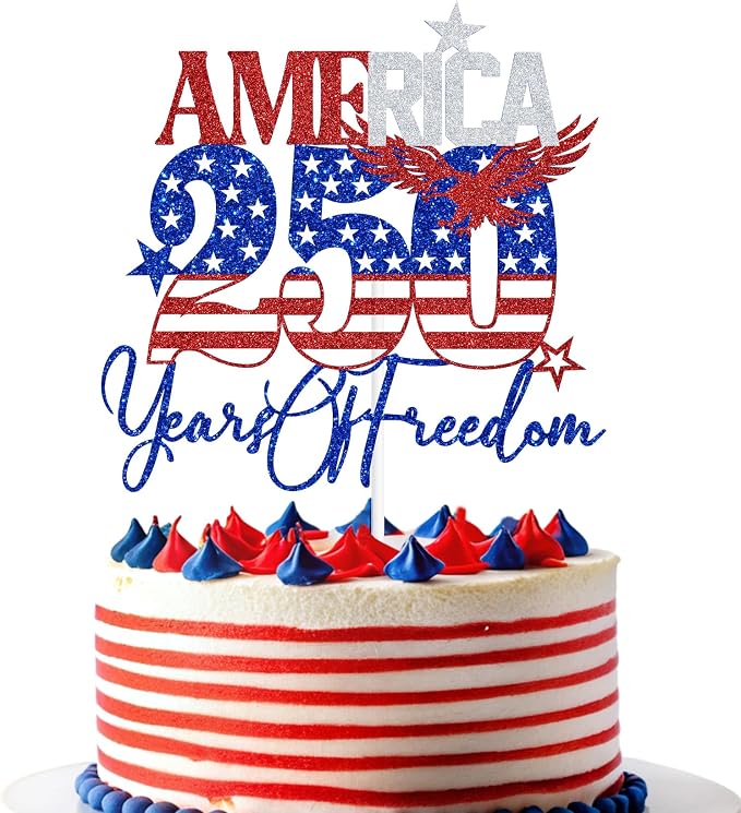 Blue Glitter America 250 Years of Freedom Cake Topper, Land of the Free Because of the Brave/Party in the USA, 4th of July Celebration Party Decorations Supplies