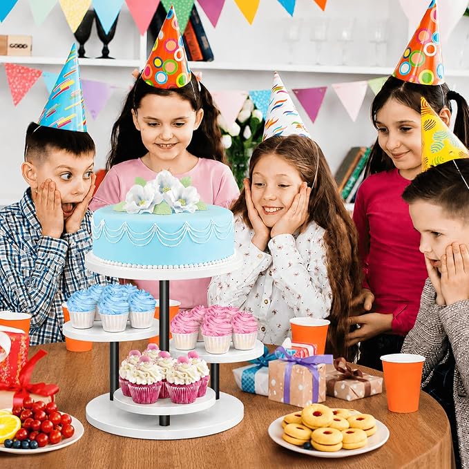ELITEROO 4 Tiered Wooden Cupcake Stand, Round cake and cupcake stand combo with serving Tray, 360°Rotating Dessert Tower for Pie Table Display Rack for Wedding Birthday Baby Shower Tea Party, White