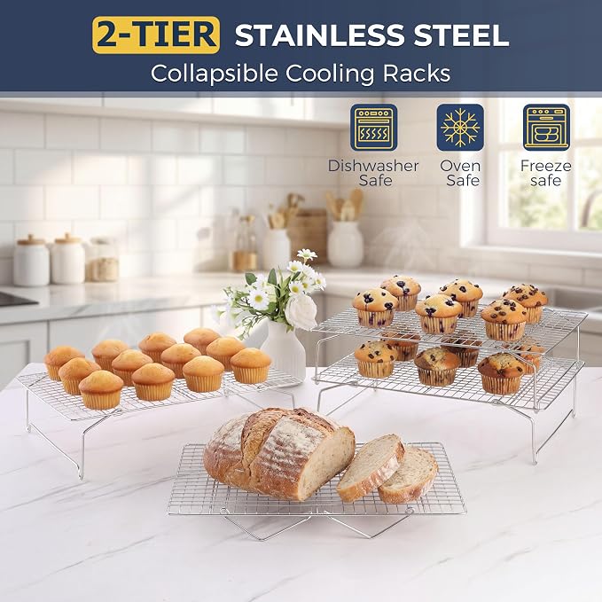 E-far Collapsible Cooling Rack for Cooking and Baking - 15”x10” Stackable Tight-Wire Stainless Steel Cookie Rack for Baking Sheet, Oven, Roasting, Dishwasher Safe & Space Saving, 2-Tier