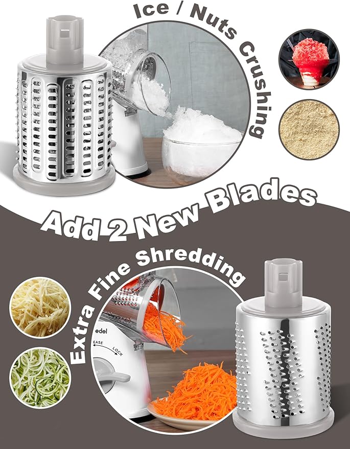 Geedel Rotary Cheese Grater Cheese Shredder - Upgraded 5-in-1 Cheese Grater with Handle and Strong Suction Base, Multi-purpose Vegetable Slicer Ice Shaver Nuts Grinder for Cheese, Vegetables, Ice