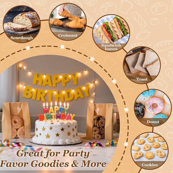 FUNFERY 30 Pcs Sourdough Bread Bags for Home Made Bread Sourdough,Large Paper Bags for Breads Gifting with Window&Cute Stickers,Loaf Bags for Bakery Packaging and Storage,Sourdough Starter Kit