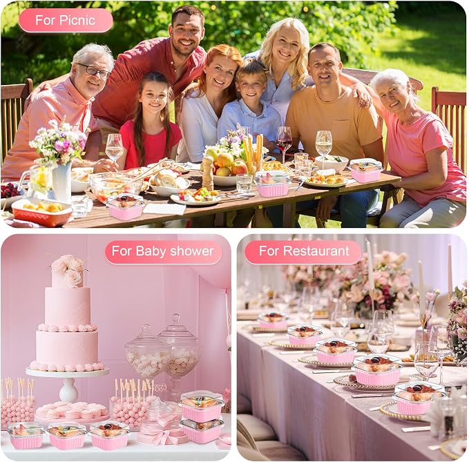 200 Pack 5 oz Mini Cake Pans with Lid, Aluminum Foil Mini Baking Tins, Square Disposable Cupcake Baking Cup Dessert Container for Wedding Birthday Party Picnic(Pink,Classic)
