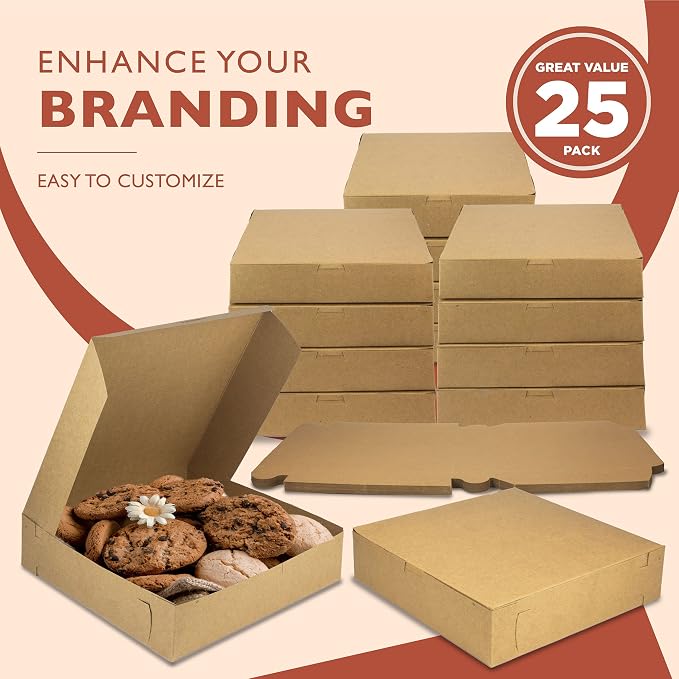 Fit Meal Prep [25 Pack Pie Boxes 10x10x2.5 Kraft Square Bakery Boxes for Cookies, Cheesecake, Chocolate Covered Strawberries, Dessert Brown Paper Cardboard Sweet Boxes for Treats