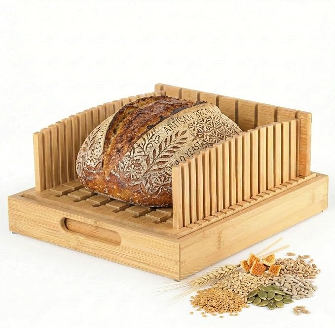 Bread Slicer for Homemade Bread - 10.5" Adjustable Sourdough Slicer with Crumb Catcher & Serving Tray - Stable Wood Bread Cutter Guide for Kitchen