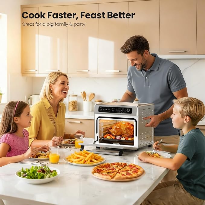 Kismile 25QT Air Fryer Toaster Oven, Countertop Convection Oven, 12 Preset Cooking Functions, Adjustable Temp 70-450°F, Toast, Bake, Broil, Reheat, Fits 12" Pizza, Full Accessory Set Included, Silver