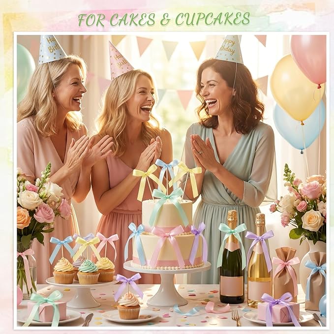 30 PCS Pastel Bows for Cake Ribbon Bow Cake Topper Rainbow Bow Cupcake Toppers for Baby Shower Bridal Weddings Birthday Party Bachelorette Balloon Wall Decorations